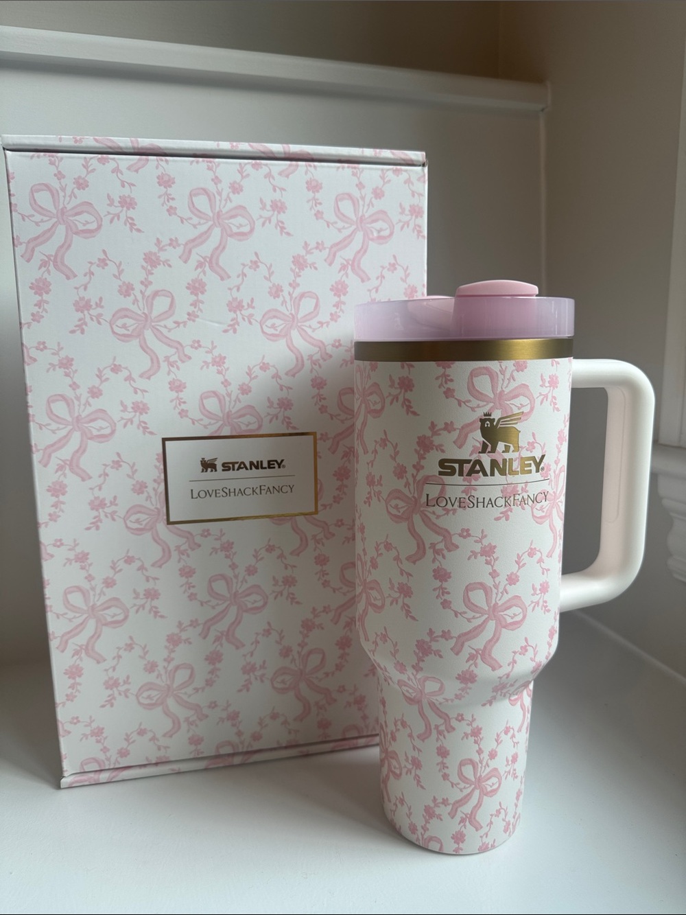 Stanley Pink and Gold LoveShackFancy Bow Pattern Travel Mug